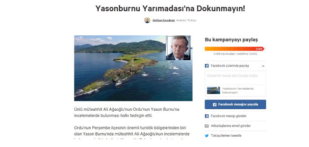 Ali Ağaoğlu, change.org’da başlatılan, “Ordu’nun sahil şeridindeki Yason Burnu’nu Ağaoğlu’na yedirmeyiz” kampanyasını imzaladı.